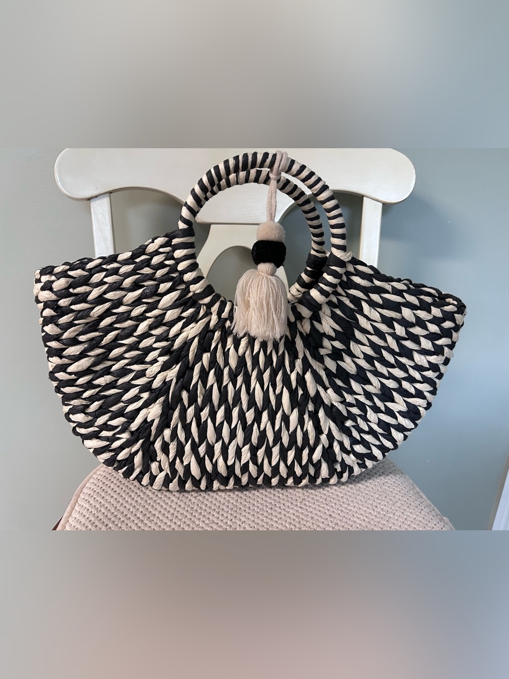 Handwoven Black & Cream Round Straw Tote Bag with Tassel